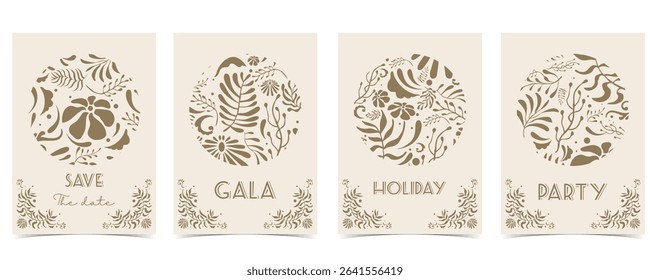 Retro flower and leaves frame background in wavy line style for vertical A4 design