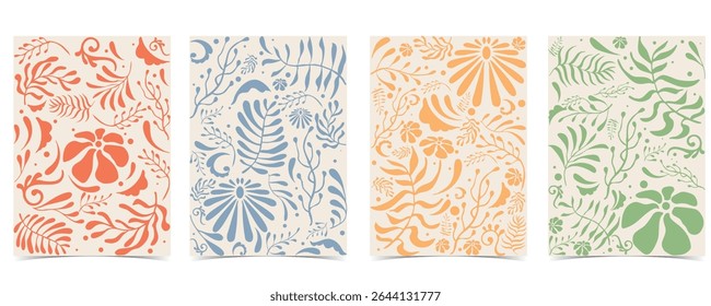 Retro flower and leaves frame background in wavy line style for vertical A4 design
