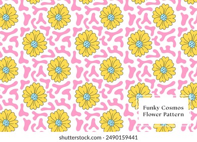 retro flower and liquid pattern for print wrapping, banner, card. doodle colorful flower. abstract flowers pattern. floral botanical seamless pattern white background. cute flower seamless pattern