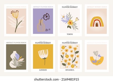 Retro Flower Market cards set in 70s-80s style. Wall art poster backgrounds. Vector illustration.