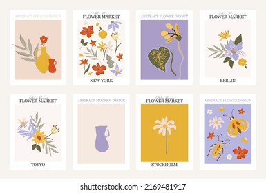 Retro Flower Market cards set in 70s-80s style. Wall art poster backgrounds. Vector illustration.