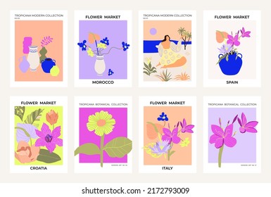 Retro Flower Market cards set in 70s-80s style. Wall art poster backgrounds. Vector illustration.