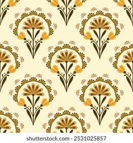 Retro flower modern embroidery Ikat bloom elements seamless pattern. Perfect vintage decorative design for fabric, wallpaper, background, interior, decoration, border decor, texture, textile, fashion