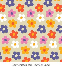 Retro Flower Pattern. 1960 style. Hippie Colorful Background. Vector Flat Illustration