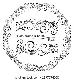 Retro flower pattern antique style swirl decorative design element. Vintage frame border leaf scroll floral ornament engraving black and white filigree vector wedding invitation greeting card. Eps-8