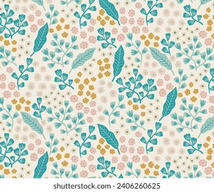 Retro flower pattern, blue, pink, yellow, blossom, leaves, botanical, print, card, wallpaper, fabric, background, texture. 