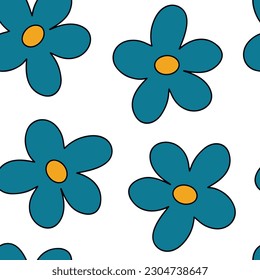 Retro flower pattern. Colorful 70s style retro floral pattern. Large scale floral pattern. Funny multicolored print. Groovy flowers vector illustration, hippie aesthetic. 