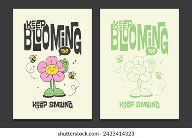 retro flower posters with cute cartoon character, vector illustration 