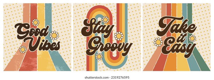 Retro Flower Power, 70s Era Boho Rainbow Stripe Line Pattern, Positive Saying Poster, Good Vibes, Stay Groovy, Take it Easy, Abstract Graphic Design, Vintage Floral Art, Bold Word, Bohemian Artistic