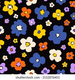 Retro Flower Power Hippie Floral Seamless Repeat Pattern. Random Placed, Vector Flower Heads All Over Surface Print On Black Background.