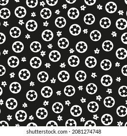 Retro flower power seamless repeat pattern. Random placed, ditsy daisy vector millefleurs in polka dots all over surface print.