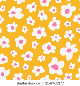 Retro flower power seamless repeat pattern. Random placed, vector bent floral all over surface print on yellow background.