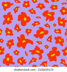 Retro flower power seamless repeat pattern. Random placed, vector bent 70s floral heads all over surface print on lilac background.