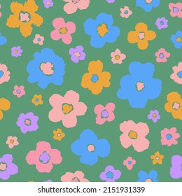 Retro flower power seamless repeat pattern. Multicolored, distracted vector ditsy daisy all over surface print on sage green background.