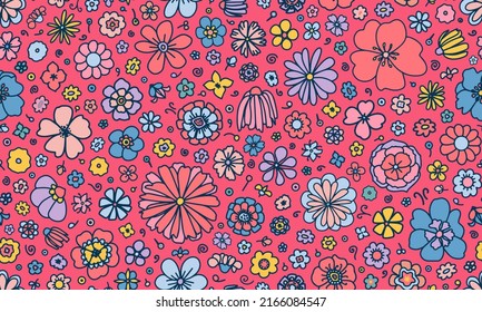 Retro Blume Strom nahtlose Wiederholung Muster. Zufällig platzierte, mit Vektorgrafen doodled Blumen auf der ganzen Oberfläche auf rosafarbenem Hintergrund.