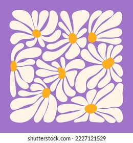 Retro flower power squared gift card template. Vintage 1970s floral poster. Hippie fun background. 1960s nostalgic groovy flat vector illustration.