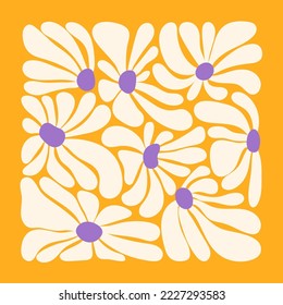 Retro flower power squared gift card template. Vintage 1970s floral poster. Hippie fun background. 1960s nostalgic groovy flat vector illustration.
