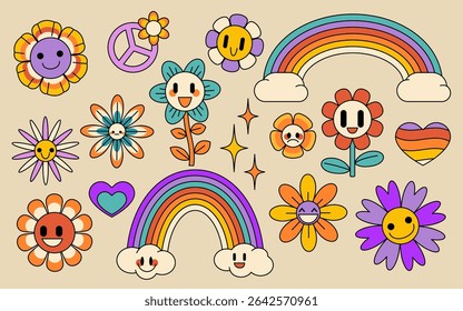 Retro flower and rainbow collection - groovy hippie daisies with smiling faces, peace signs and colorful arches with clouds . Vintage 70s style botanical elements for nostalgic psychedelic design.