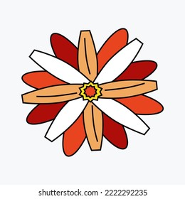 Retro flower. Red, white and orange summer minimalist flower. 70 s 60 s groovy style plant. Vector illustration