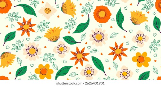 Retro Flower Seamless Pattern with Cute Nature Wild Field Florals. Doodle quirky summer and spring plants. Feminine repeatable backdrop perfect for fashion, clothing, cards, invitations, wrapping