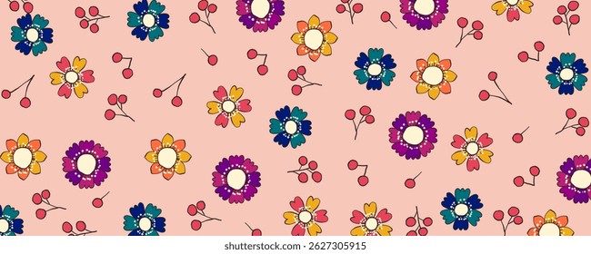 Retro Flower Seamless Pattern with Cute Nature Head Plants. Doodle quirky summer and spring plants. Feminine repeatable backdrop perfect for fashion, clothing, cards, invitations, wrapping paper