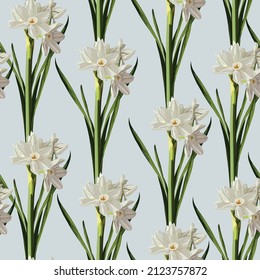 Retro flower seamless pattern - daffodils. Spring flowers narcissus. Blue background. 