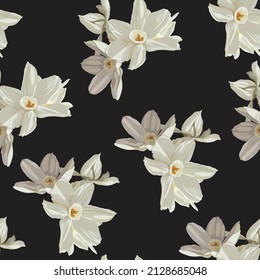 Retro flower seamless pattern - daffodils. Spring flowers narcissus. Black background. 