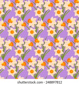 Retro Flower Seamless Pattern with Daffodils on Polka Dot Background. Vector Illustration. Spring Tiling for Happy Easter Design.