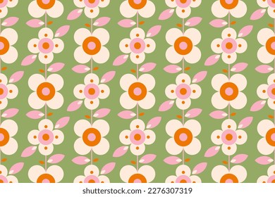 Retro flower seamless pattern with leaves. Modern stylized floral, pastel color graphic design, background. Blossom flowers