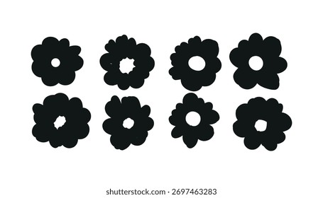 Conjunto de silueta de flores retro, íconos florales negros mínimos de Vector, diseño Abstractas de forma de flor.