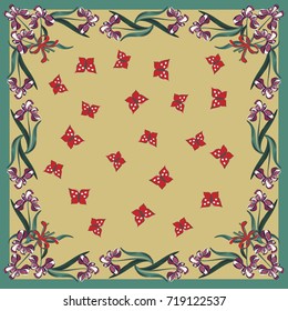 Retro flower square composition. Vintage style millefleurs. Floral enchanting background for scarf print, textile, covers, surface, scrapbooking, decoupage. Bandana design. Trendy colors 2018, 2019.