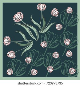 Retro flower square composition. Vintage style millefleurs. Floral enchanting background for scarf print, textile, covers, surface, scrapbooking, decoupage. Bandana, shawl design.