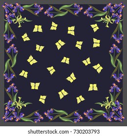 Retro flower square composition. Vintage style millefleurs. Floral enchanting background for scarf print, textile, covers, surface, scrapbooking, decoupage. Bandana design.