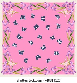 Retro flower square composition. Vintage style millefleurs. Floral enchanting background for scarf print, textile, covers, surface, scrapbooking, decoupage. Bandana design.