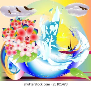 Retro flower, sun, surf in vector