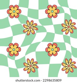 Flores retro de los años 70 con un fondo a cuadros distorsionados. El estilo de fondo groovy se puede usar para diseñar camisetas, afiches, volantes y más. Ilustración del vector
