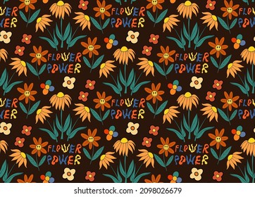 Retro flowers 70s seamless pattern. Hippie flower power repeating texture, background. Vector illustration