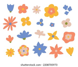 Retro flowers in the 70s. Vector illustration. Set of retro flowers. Drawn style.