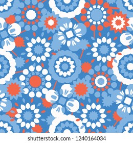 Retro Flowers All Over Print Vector. Colorful Tossed Blooms Seamless Repeating Pattern in 1970's Style on Summer Background. Trendy for Beach Fashion Prints, Wallpaper, Stationery, Floral Packaging.