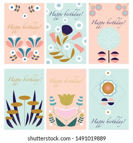 Retro flowers birthday cards. Vector elements 