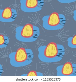 Retro flowers blue, yellow, and red on blue seamless vector background. Abstract wildflowers. Scandinavian style. Abstract floral pattern. Great for websites, banners, fabric, paper, wallpaper, cards
