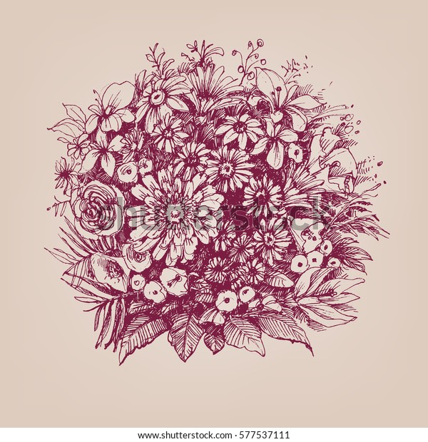 Retro flowers bouquet. Round etched ornament
for vintage style wedding
invitations