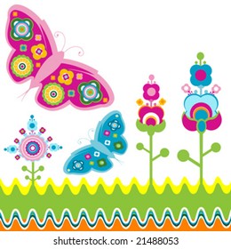 retro flowers and butterflies