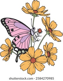 Retro Flowers Butterfly Sublimation Design