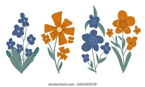 Retro flowers composition set isolated on white background. Blue and orange red wild flower. Vintage botanic composition. Vector flat hand drawn illustration.