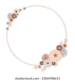 Retro flowers composition. Vintage frame. Flower wedding invitation card on white background. Floral wreath