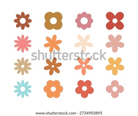 Retro flowers icon set. Groovy floral sign and symbol collection. 70s vintage botanical bundle. Vector illustration isolated on white background.