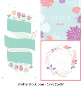 Retro flowers labels in vector. Cute floral bouquets. Vintage floral set. Stylish invitation in bright colors can be used like happy birthday or other holiday card. Summer concept background.