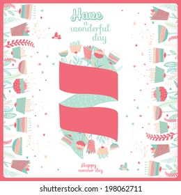 Retro flowers labels in vector. Cute floral bouquets. Vintage floral set. Stylish illustration in bright colors can be used like happy birthday or wedding card. Beautiful hand drawn flower ribbons.