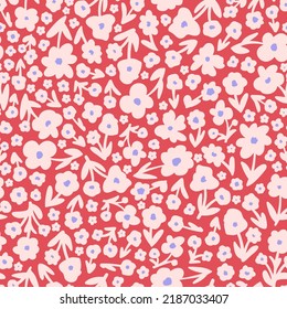 Retro flowers with leaves seamless repeat pattern. Hand drawn, random placed, vector florals all over surface print on pink background.